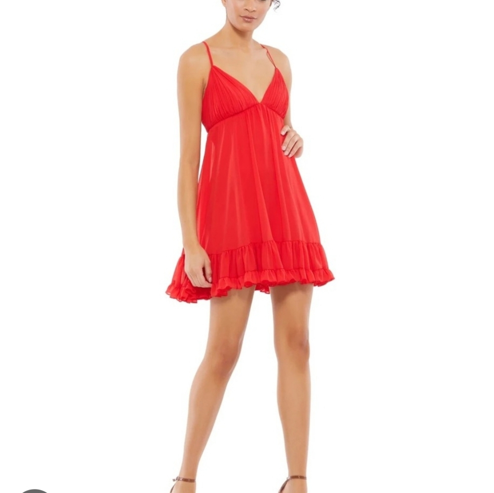 Mac Duggal Vibrant Red Baby Doll Dress With Ruffle Hem Size 6 new with tags